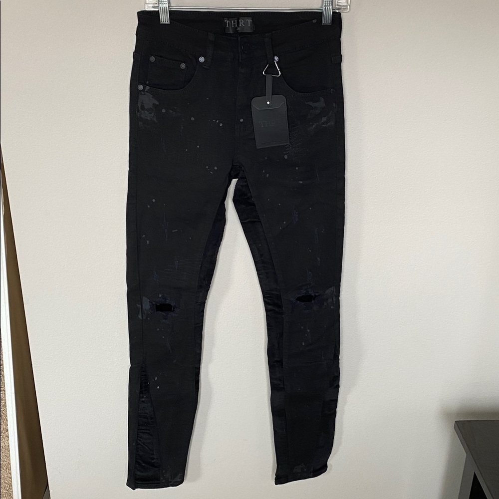 THRT Black Distressed Skinny Jeans with Corduroy and Paint Splatter Detail